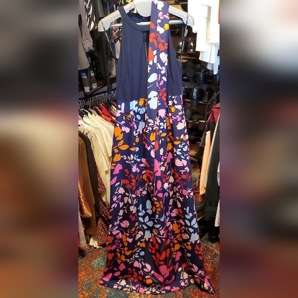 Vince Camuto Colorful Navy Pink Orange Halter w/ Keyhole Maxi Dress w/ Sash sz 2 - Picture 3 of 15